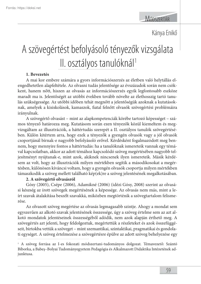 Kánya Enikő - A szövegértést befolyásoló tényezők vizsgálata, II. osztályos tanulóknál
