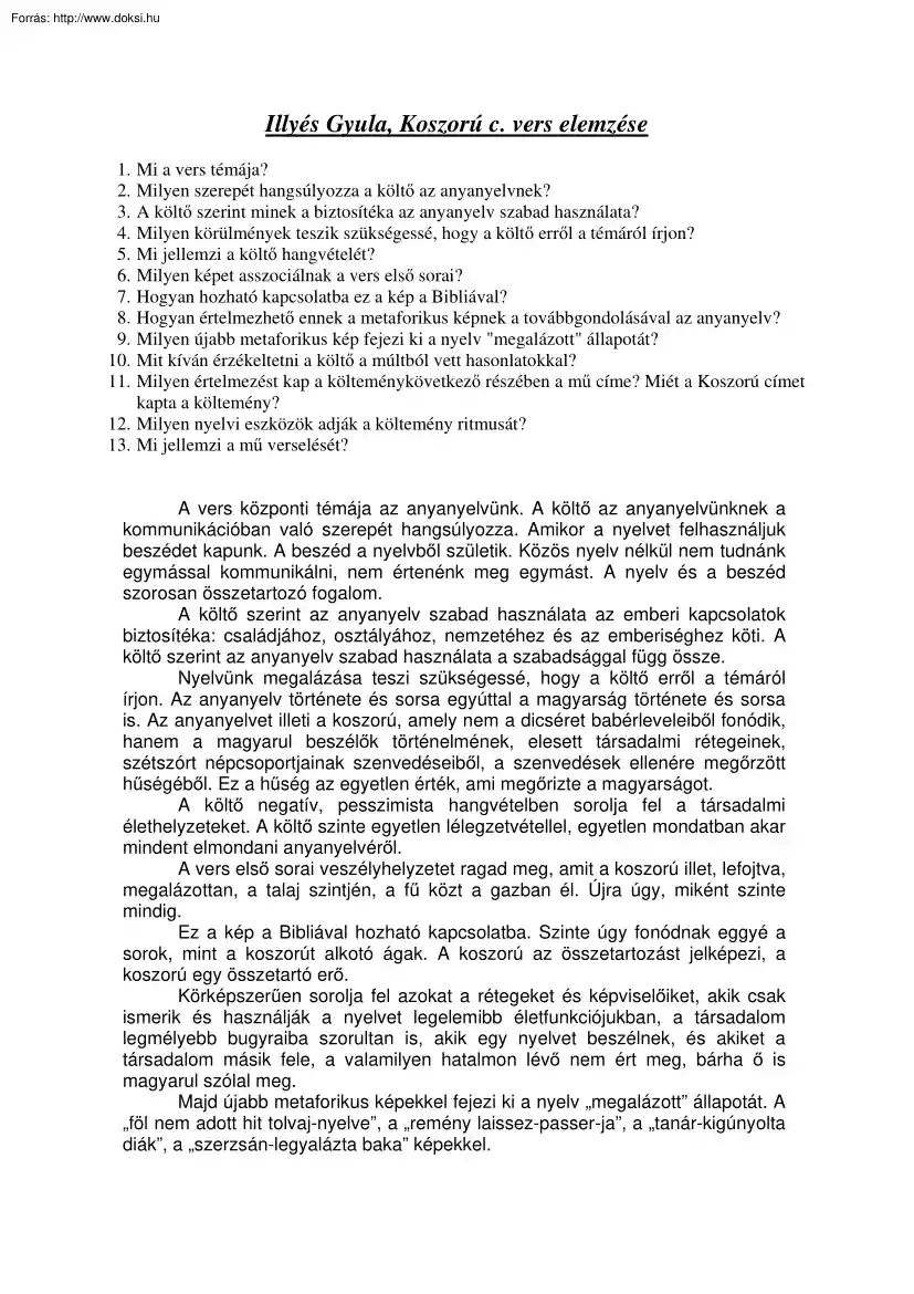 Illyés Gyula, Koszorú című versének elemzése