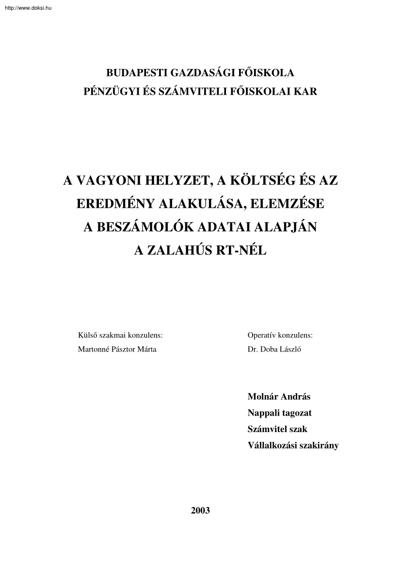 Molnár András - A vagyoni helyzet, a költség és az eredmény elekulása, elemzése a beszámolók alapján a Zalahús Rt.-nél