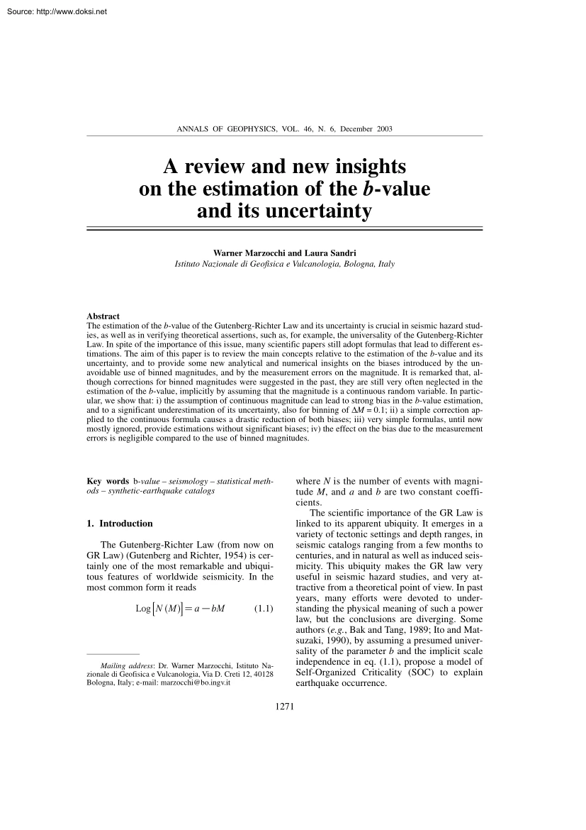Marzocchi-Sandri - A Review and New Insights on the Estimation of the B Value and its Uncertainty