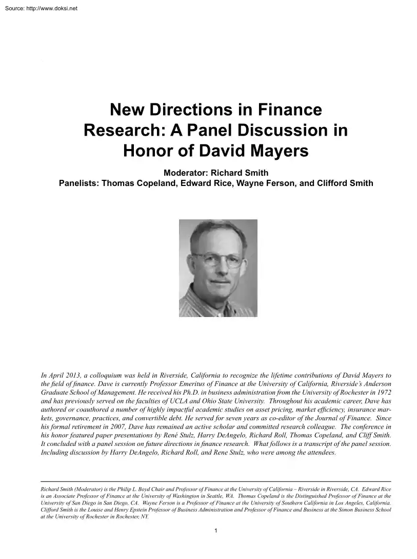 Richard Smith - New Directions in Finance Research, A Panel Discussion in Honor of David Mayers