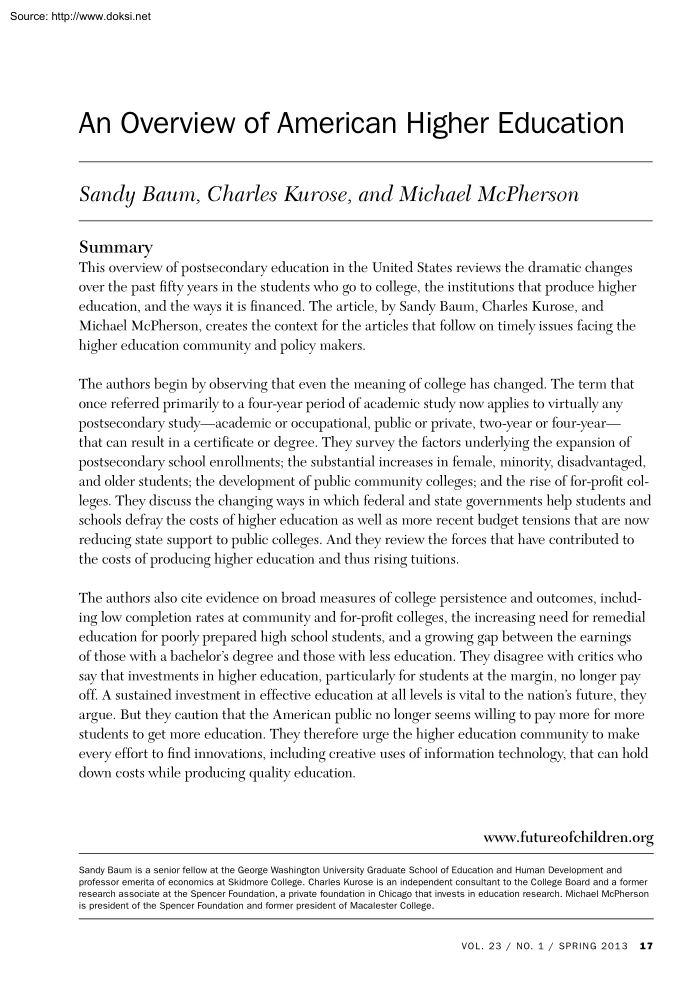 Baum-Kurose-McPherson - An Overview of American Higher Education
