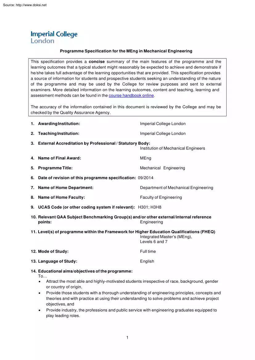 Programme Specification for the Meng in Mechanical Engineering