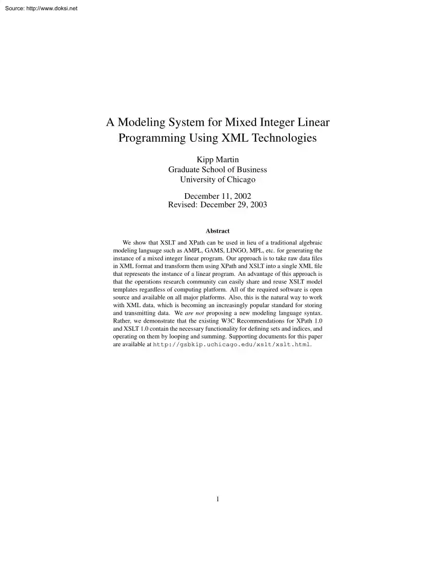 Kipp Martin - A Modeling System for Mixed Integer Linear Programming Using XML Technologies