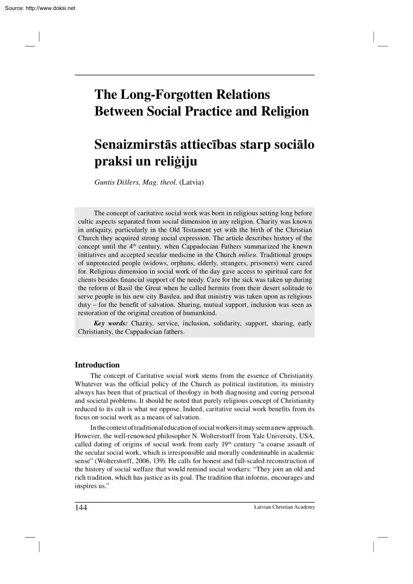 Guntis Dislers - The Long Forgotten Relations Between Social Practice and Religion