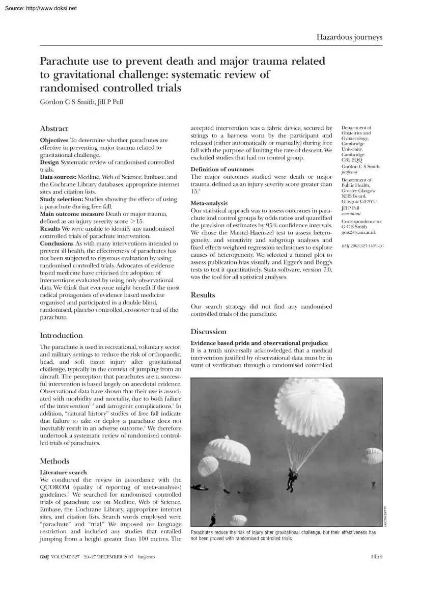 Smith-Pell - Parachute Use to Prevent Death and Major Trauma Related to Gravitational Challenge, Systematic Review of Randomised Controlled Trials