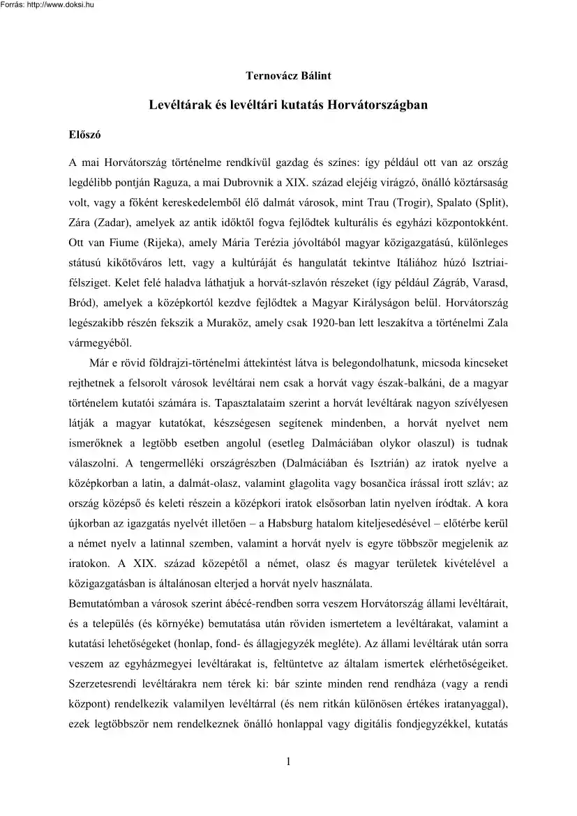 Ternovácz Bálint - Levéltárak és levéltári kutatás Horvátországban