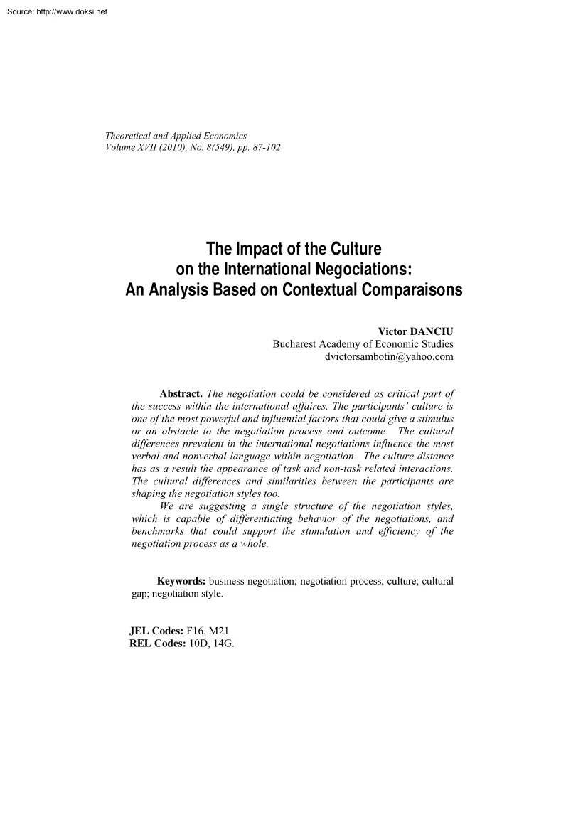 Victor Danciu - The Impact of the Culture on the International Negociations, An Analysis Based on Contextual Comparaisons