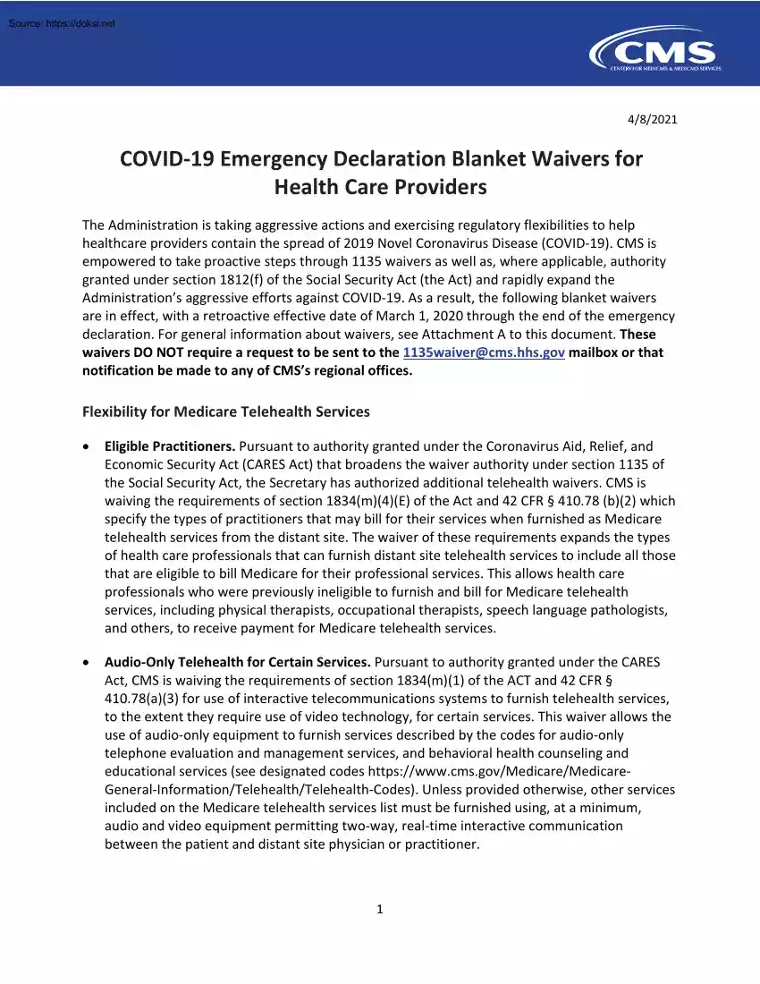 COVID-19 Emergency Declaration Blanket Waivers for Health Care Providers