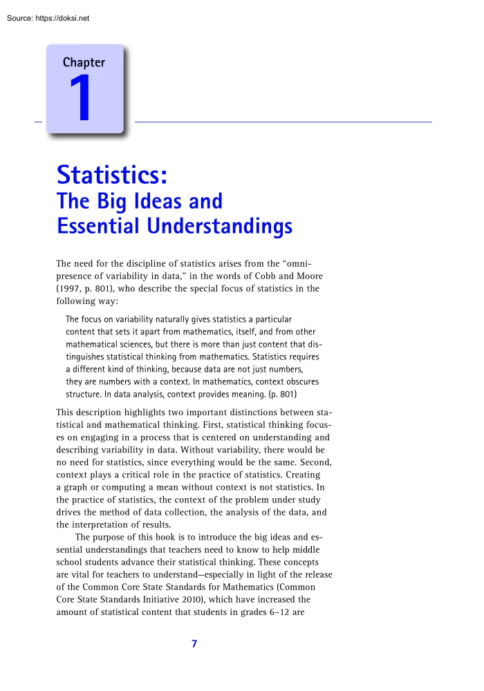 Statistics, The Big Ideas and Essential Understandings