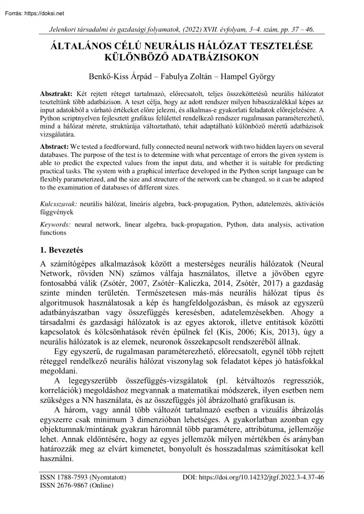 Általános célú neurális hálózat tesztelése különböző adatbázisokon
