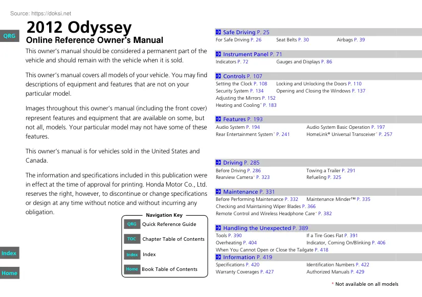 Honda Odyssey 2012, Owners manual