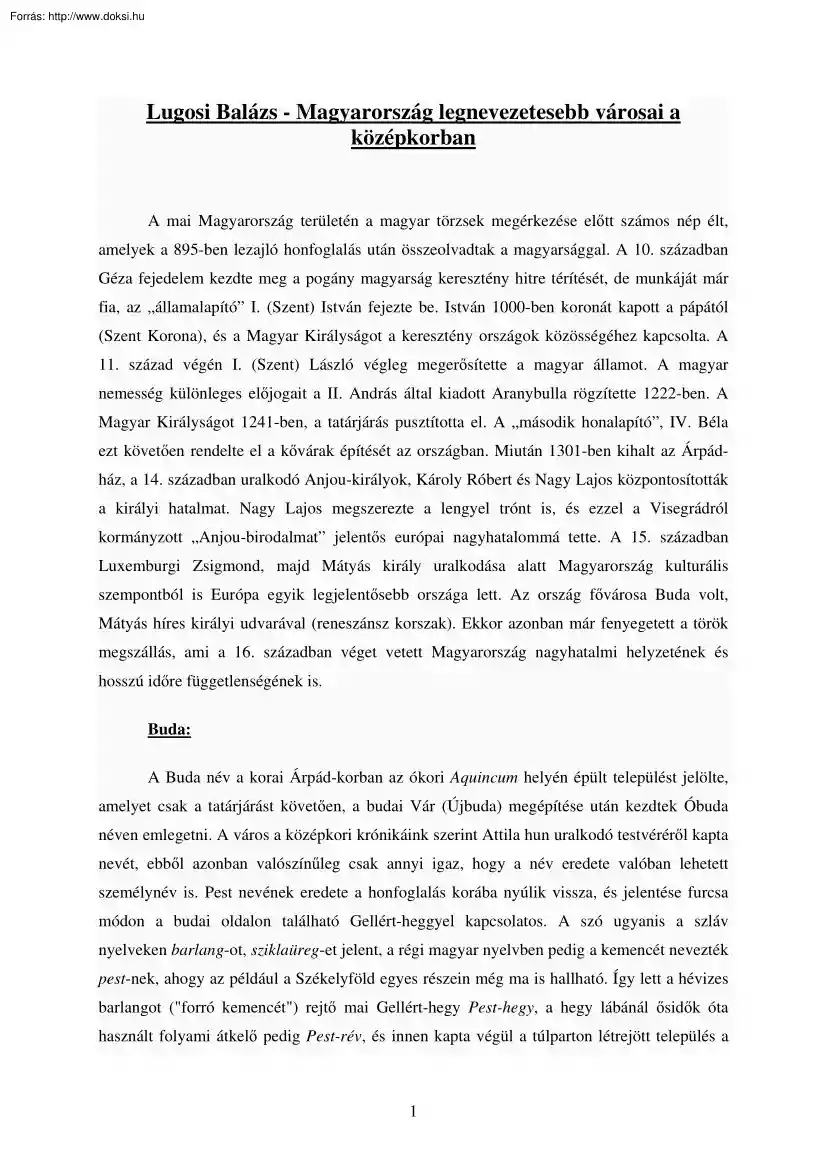 Lugosi Balázs - Magyarország legnevezetesebb városai a középkorban