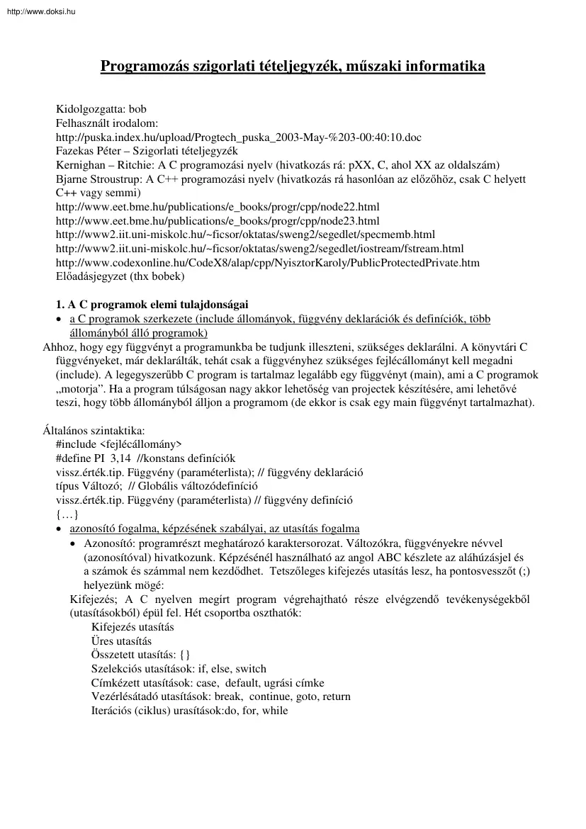 Programozás szigorlati tételjegyzék, műszaki informatika