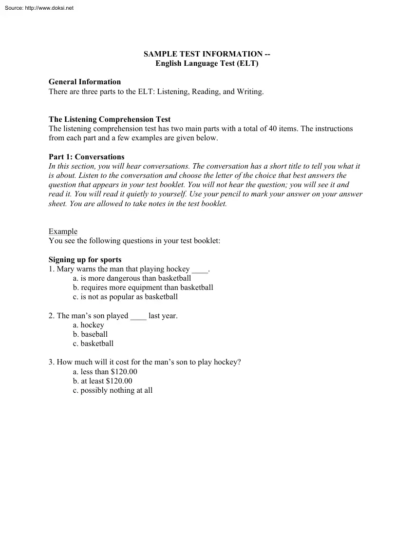 Sample Test Information, English Language Test