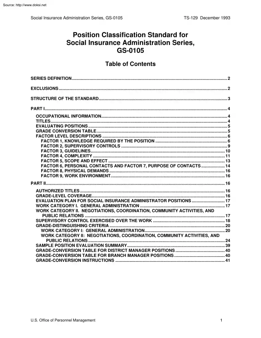 Position Classification Standard for Social Insurance Administration Series, GS-0105