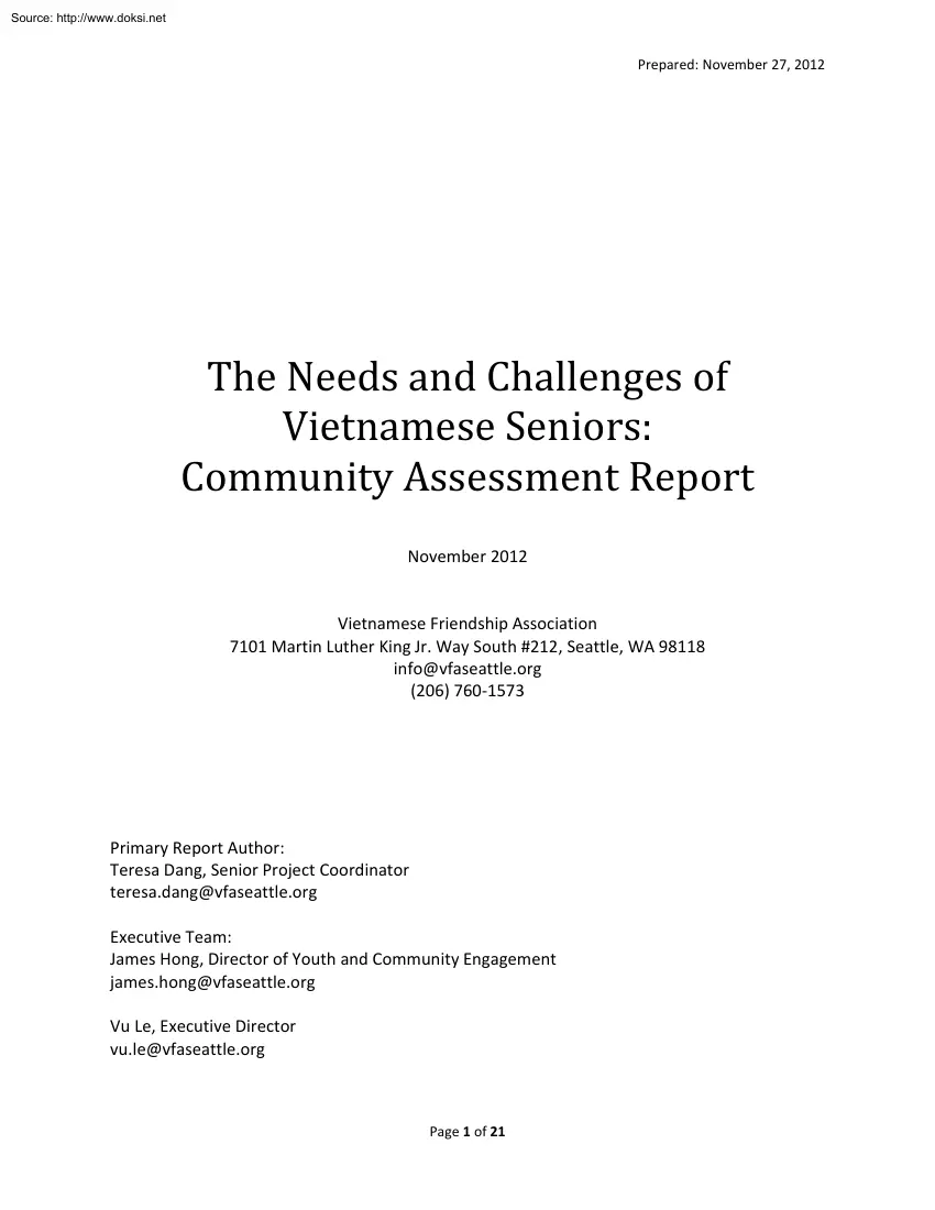 Teresa Dang - The Needs and Challenges of Vietnamese Seniors, Community Assessment Report