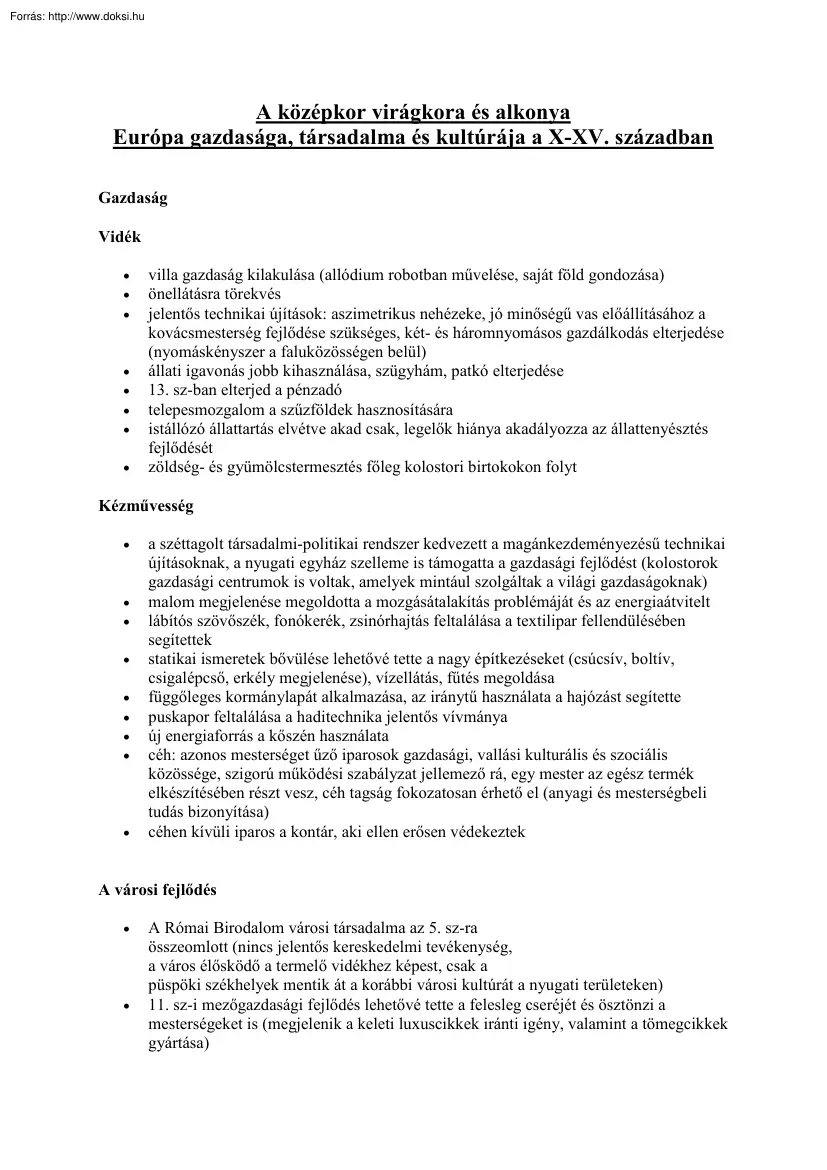 Európa gazdasága, társadalma és kultúrája a X-XV. században