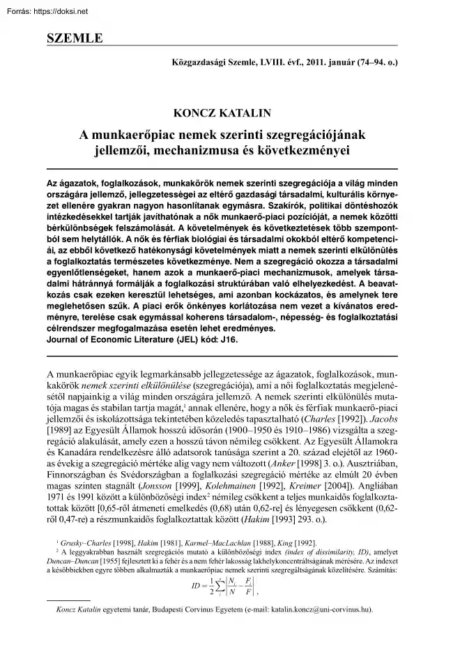 Koncz Katalin - A munkaerőpiac nemek szerinti szegregációjának jellemzői, mechanizmusa és következményei