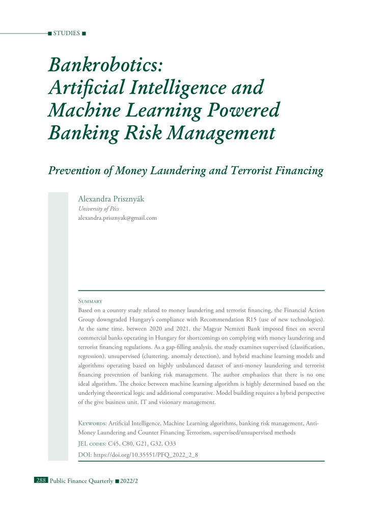 Alexandra Prisznyák - Bankrobotics, Artificial Intelligence and Machine Learning Powered Banking Risk Management