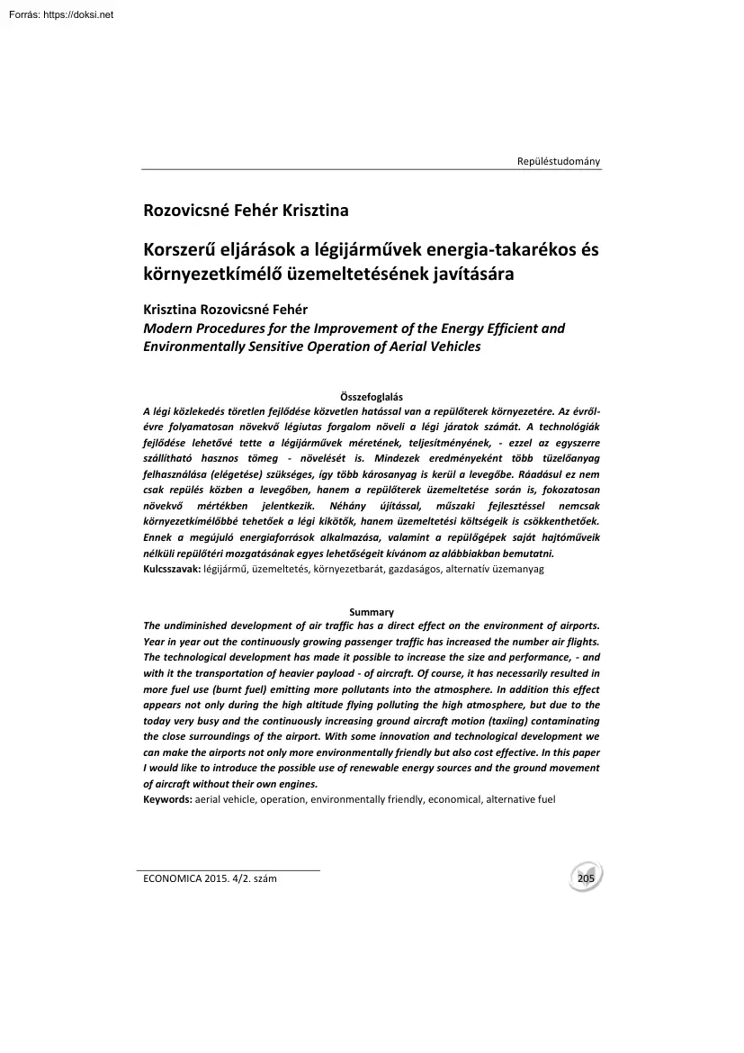 Rozovicsné Fehér Krisztina - Korszerű eljárások a légijárművek energia-takarékos és környezetkímélő üzemeltetésének javítására