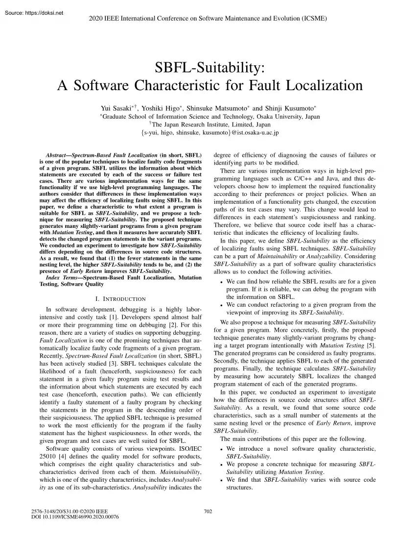 SBFL-Suitability, A Software Characteristic for Fault Localization