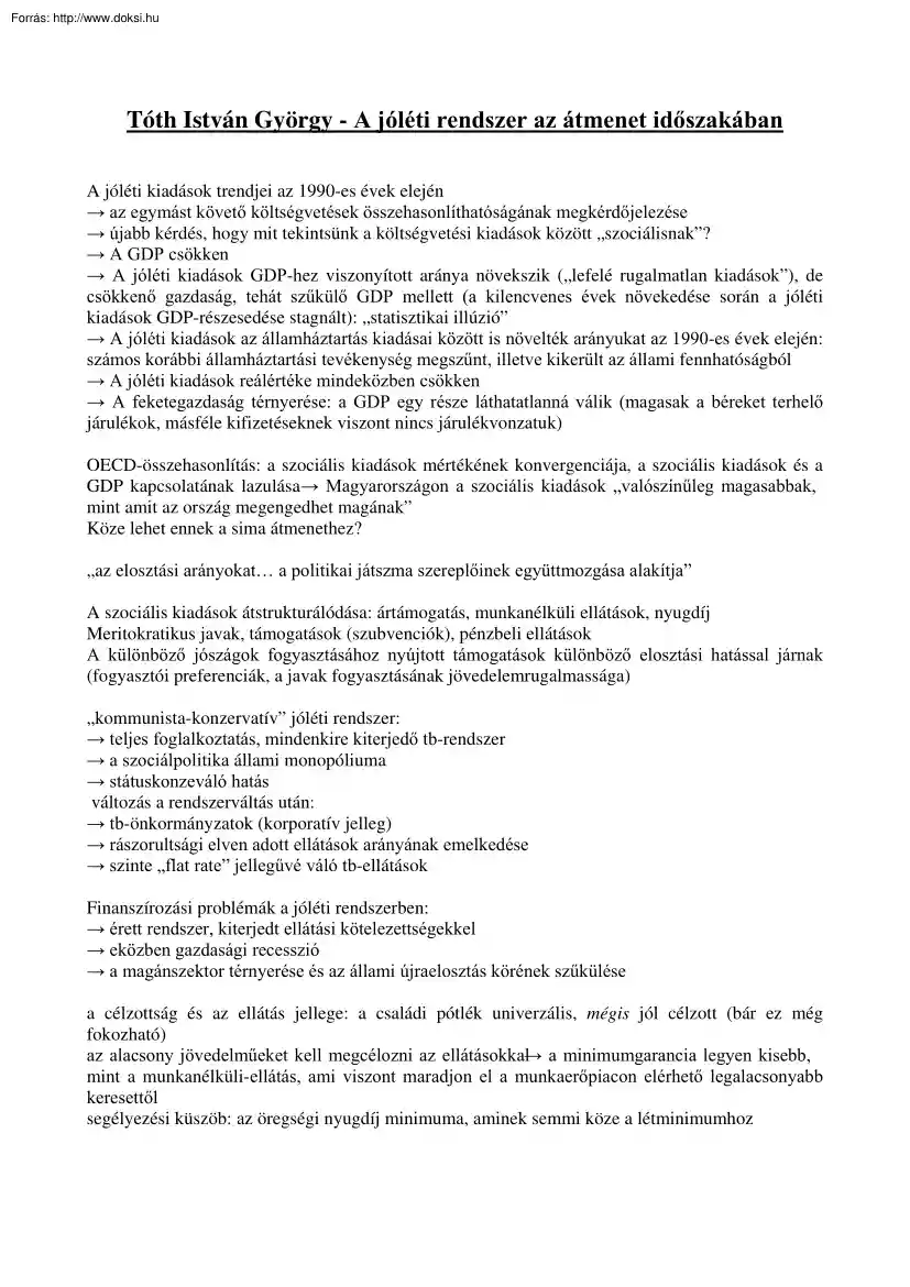 Tóth István György - A jóléti rendszer az átmenet időszakában