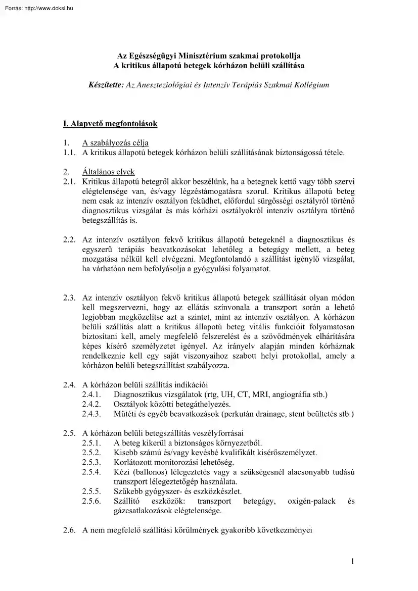 Az Egészségügyi Minisztérium szakmai protokollja, A kritikus állapotú betegek kórházon belüli szállítása