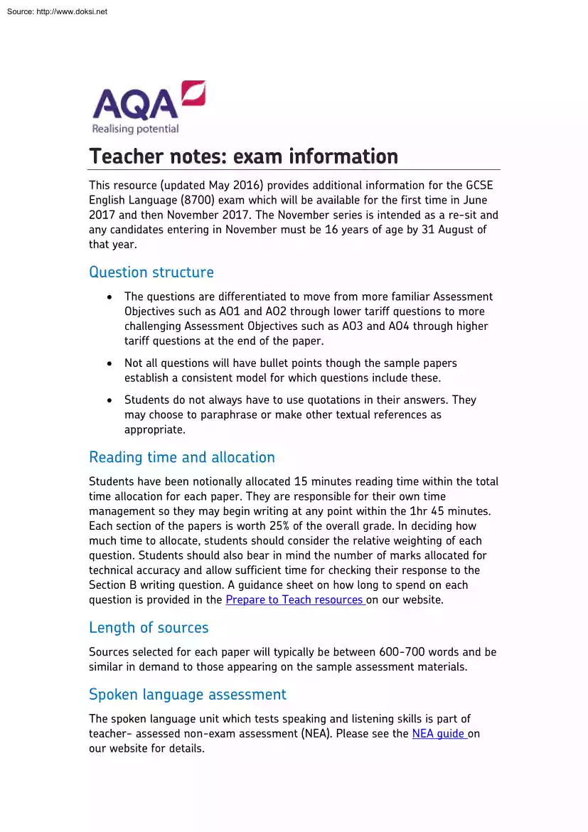 Teacher Notes, Exam Information