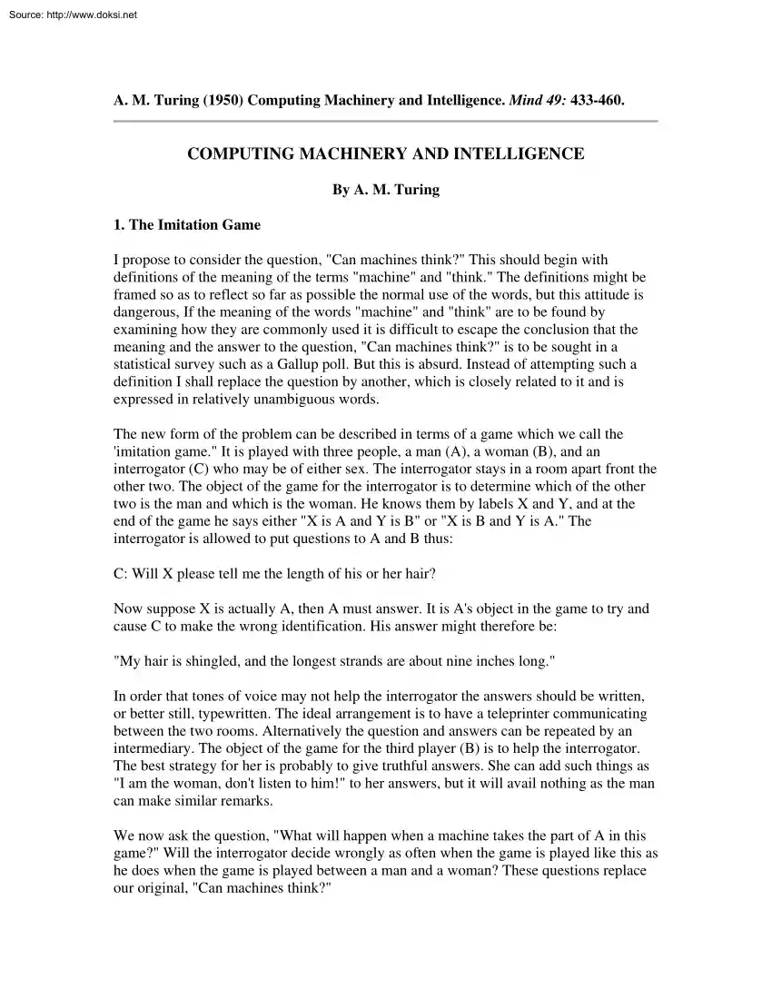 A. M. Turing - Computing Machinery and Intelligence