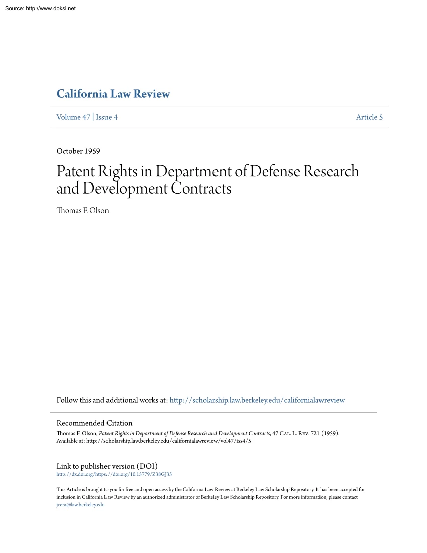 Thomas F. Olson - Patent Rights in Department of Defense Research and Development Contracts