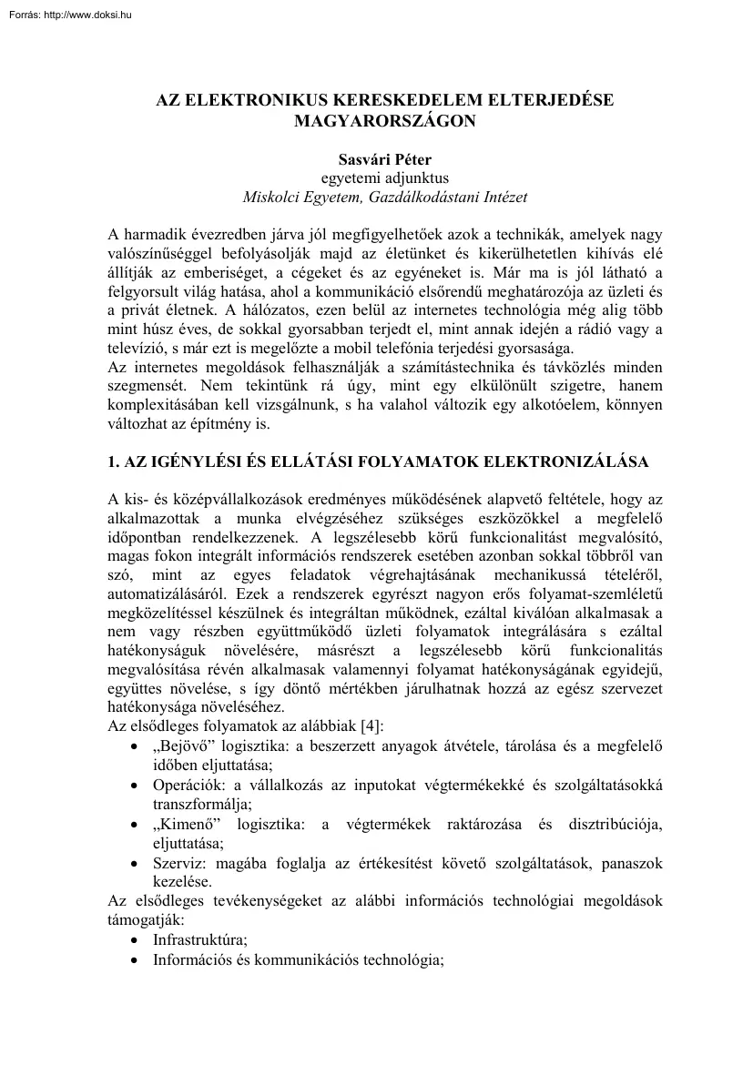 Sasvári Péter - Az elektronikus kereskedelem elterjedése Magyarországon