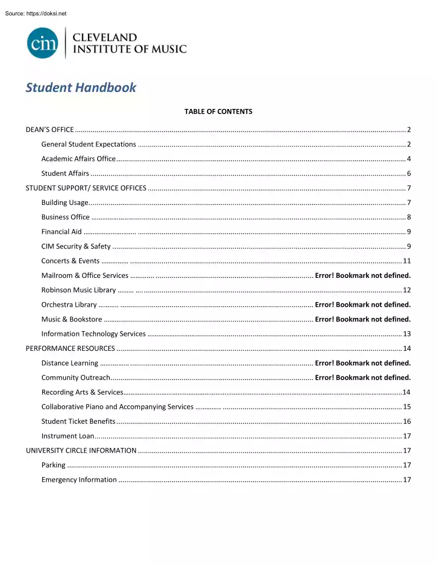 Cleveland Institute of Music, Student Handbook