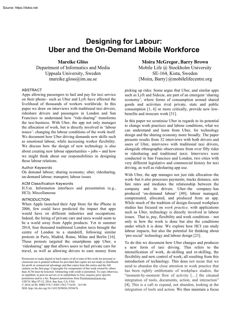 Glöss-McGregor-Brown - Designing for Labour, Uber and the On-Demand Mobile Workforce