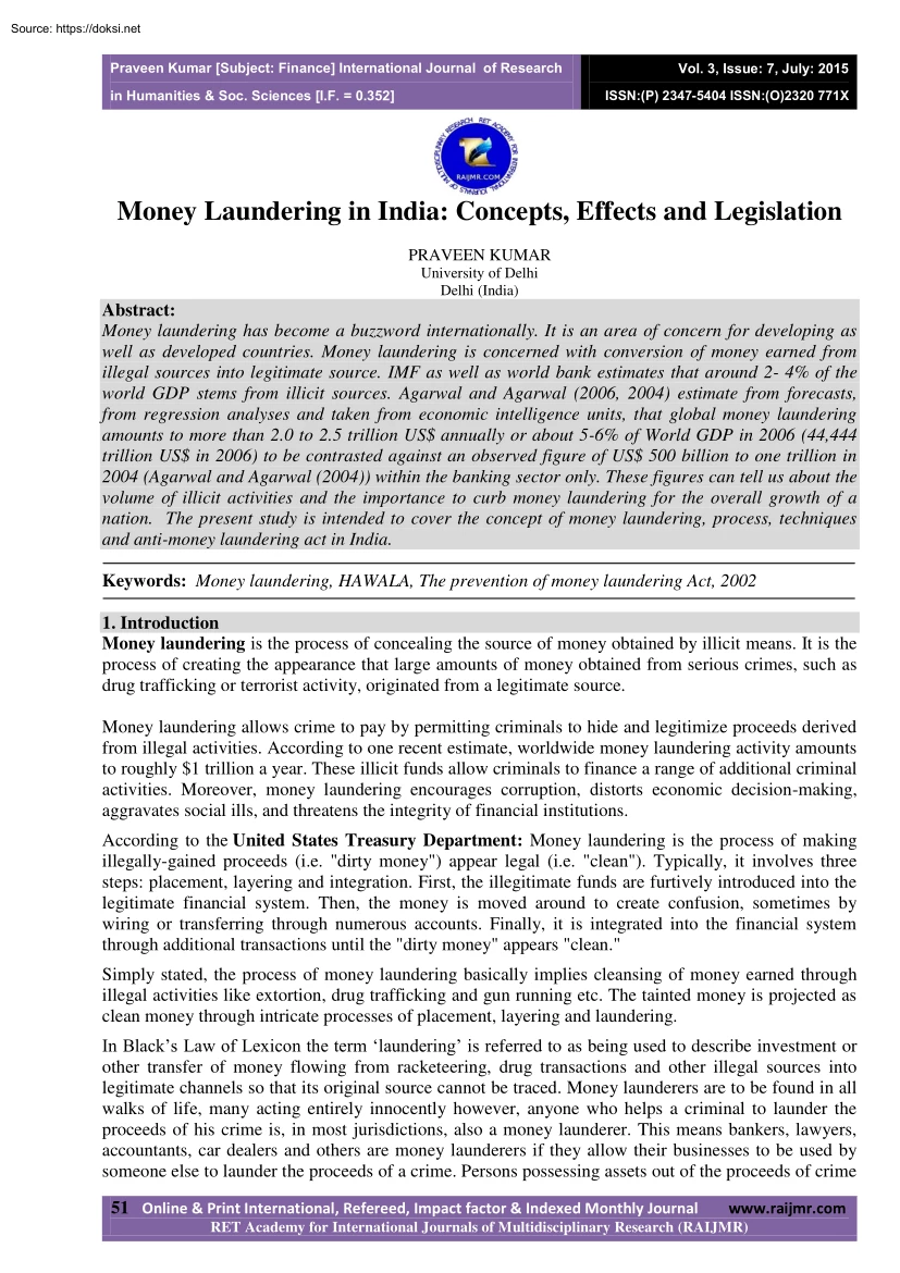 Praveen Kumar - Money Laundering in India, Concepts, Effects and Legislation