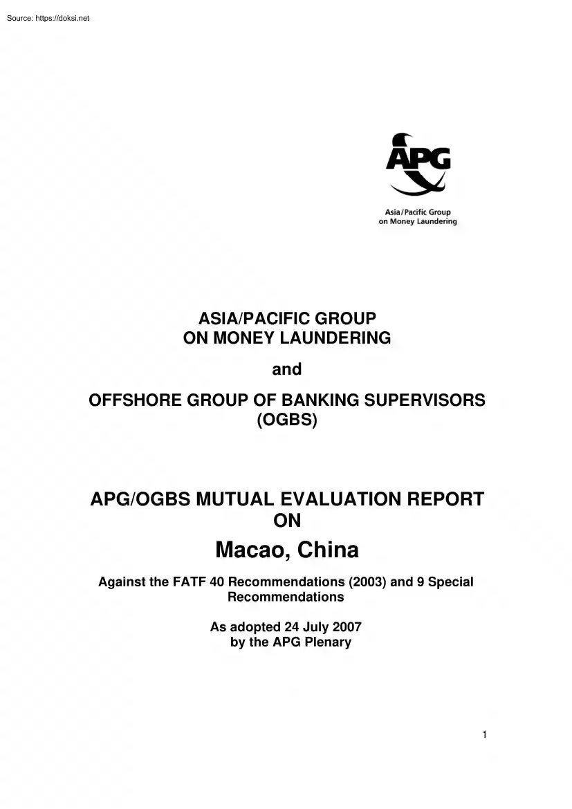 Asia Pacific Group on Money Laundering and Offshore Group of Banking Supervisors, Macai, China
