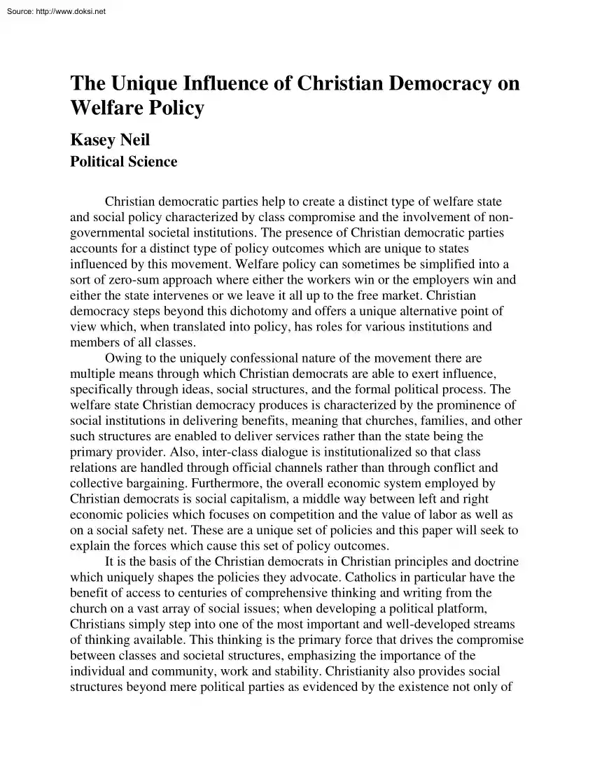 Kasey Neil - The Unique Influence of Christian Democracy on Welfare Policy