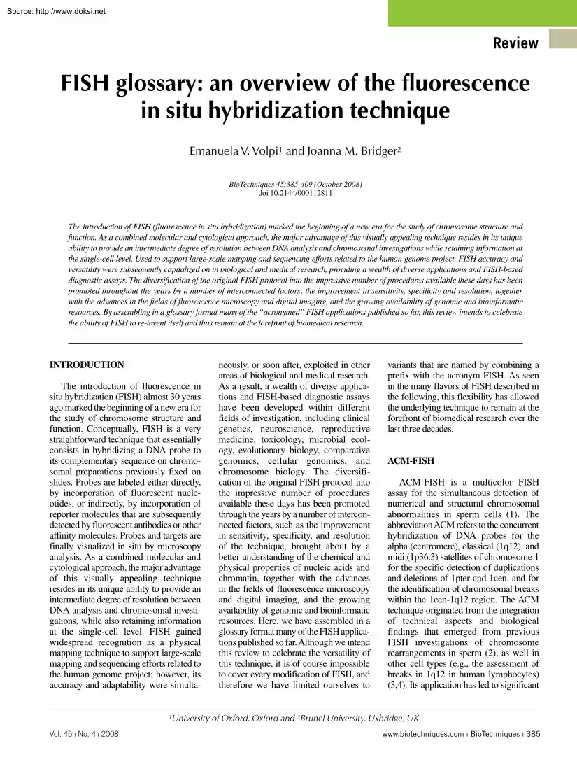 Volpi-Bridger - Fish Glossary, An Overview of the Fluorescence in Situ Hybridization Technique