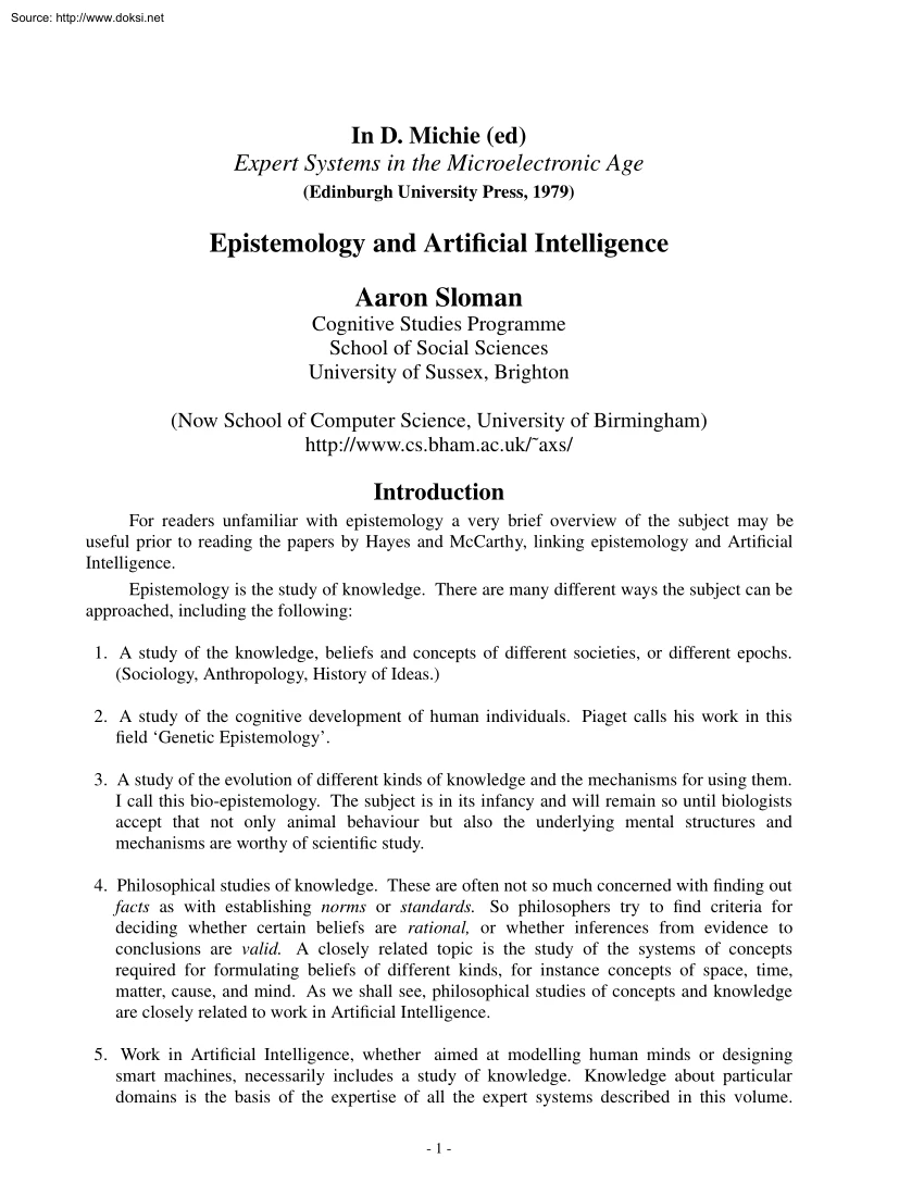 Aaron Sloman - Epistemology and Artificial Intelligence