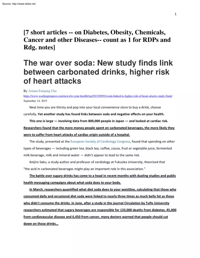 Ariana Eunjung Cha - 7 Short Articles on Diabetes, Obesity, Chemicals, Cancer and other Diseases