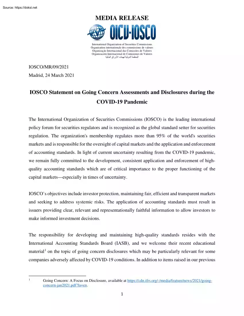 IOSCO Statement on Going Concern Assessments and Disclosures during the COVID-19 Pandemic