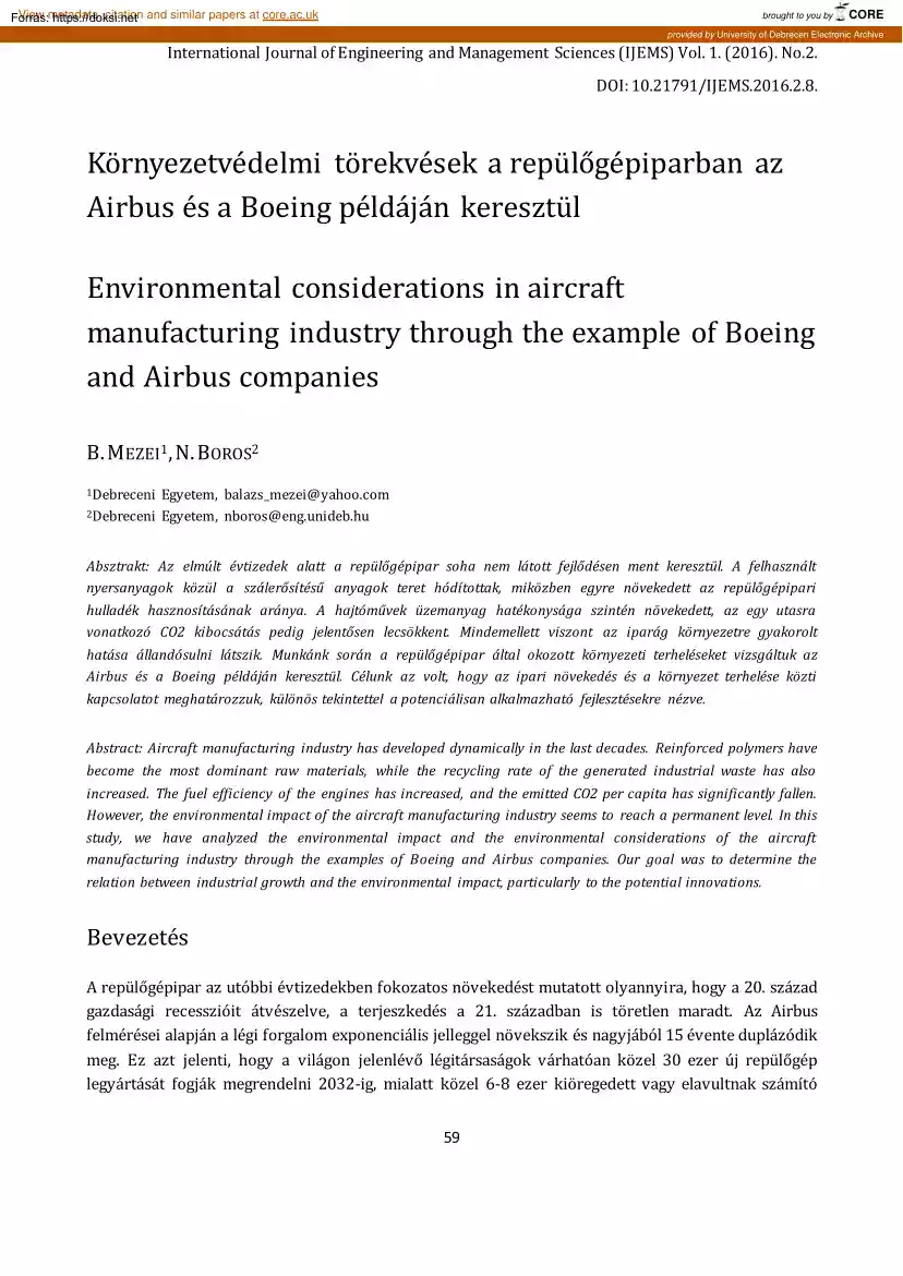 Mezei-Boros - Környezetvédelmi törekvések a repülőgépiparban az Airbus és a Boeing példáján keresztül