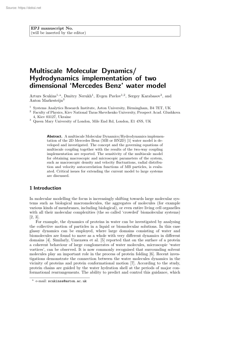 Multiscale Molecular Dynamics, Hydrodynamics implementation of twodimensional Mercedes Benz water