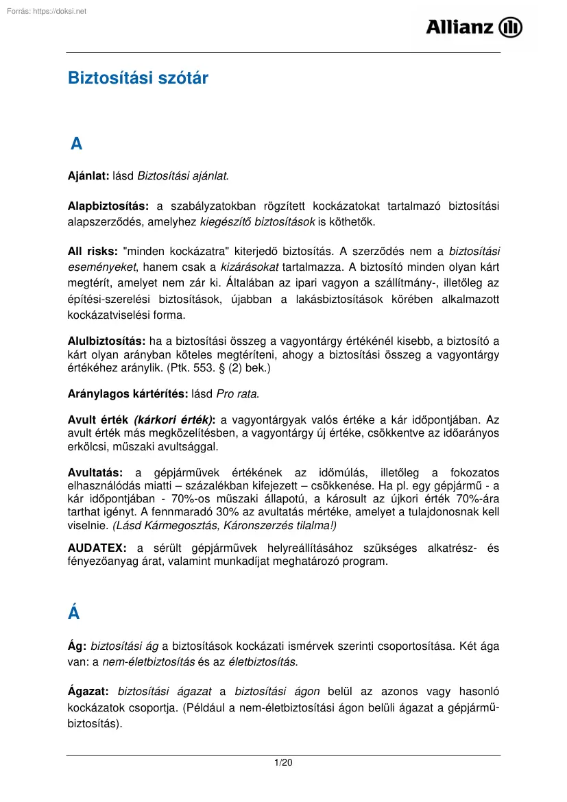 Allianz biztosítási szótár