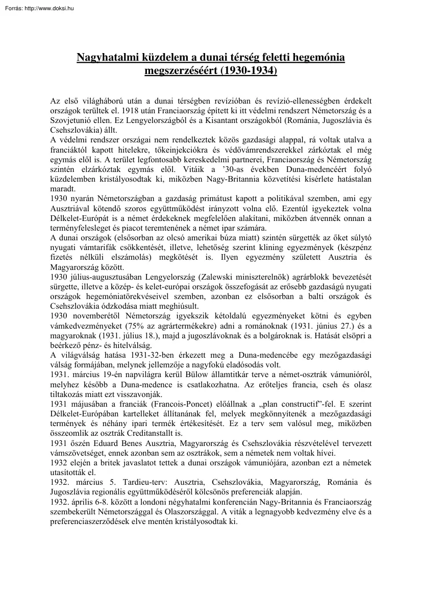 Nagyhatalmi küzdelem a dunai térség feletti hegemónia megszerzéséért (1930-1934)