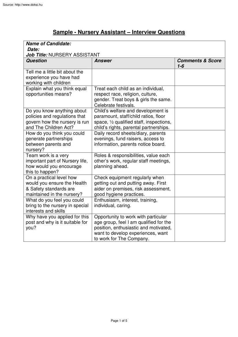 Nursery assistant, Interview questions
