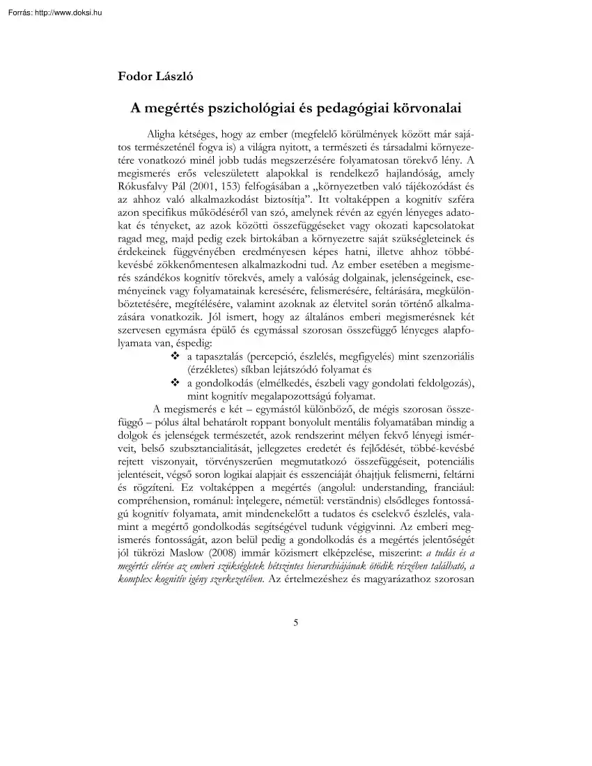 Fodor László - A megértés pszichológiai és pedagógiai körvonalai