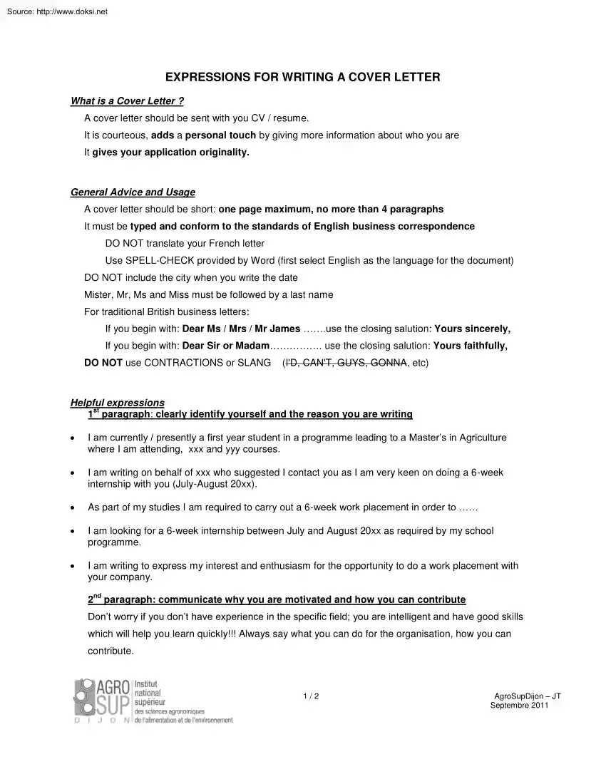 Expressions for Writing a Cover Letter