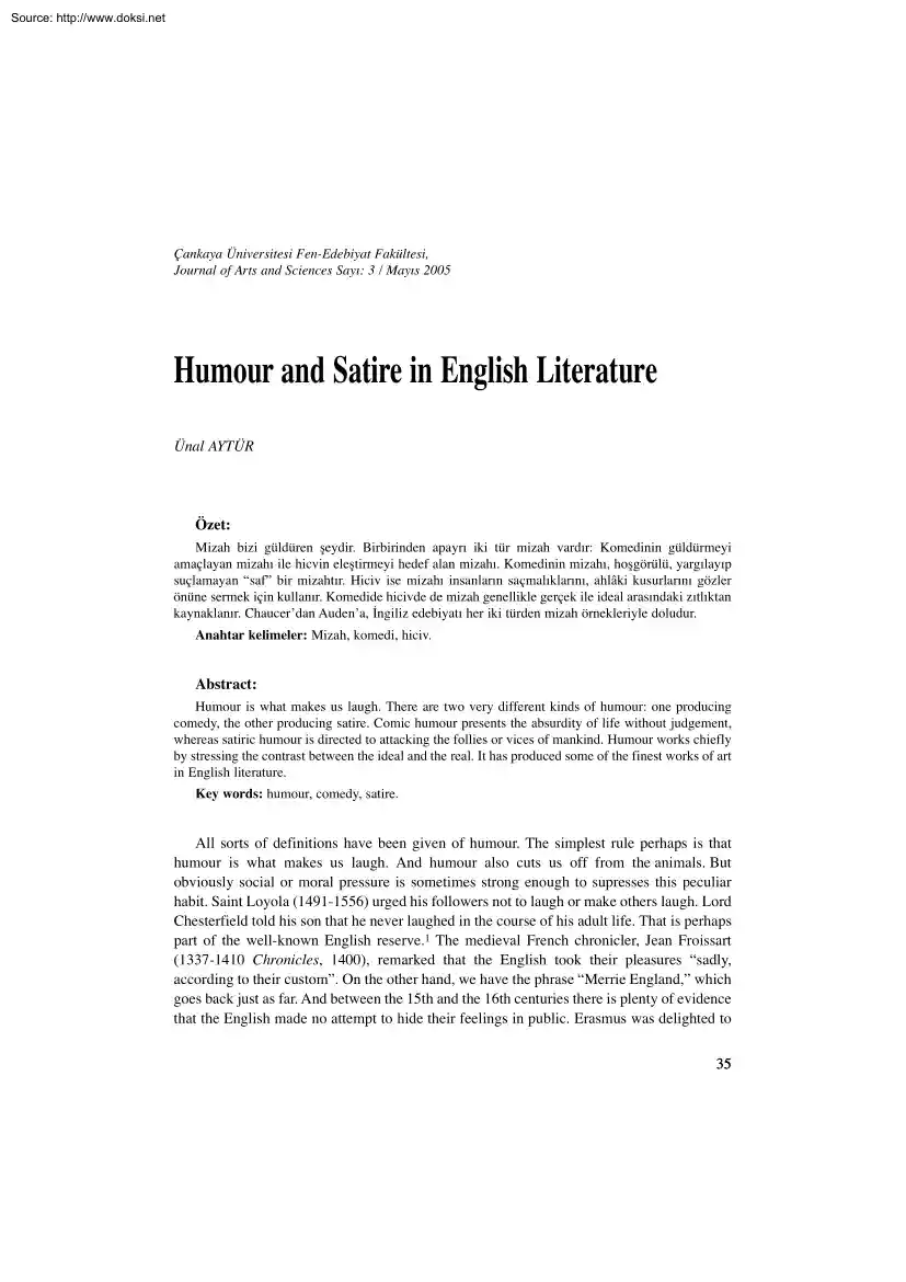 Ünal Aytür - Humour and Satire in English Literature