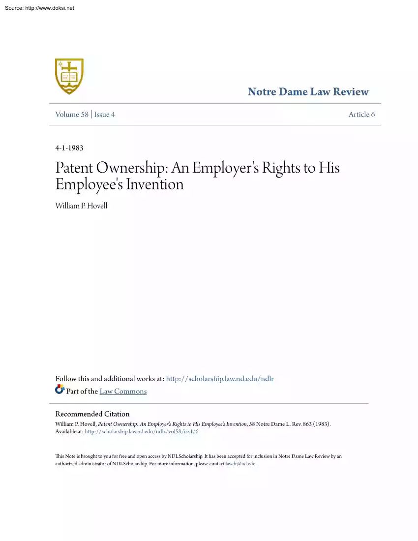 William P. Hovell - Patent Ownership, An Employers Rights to His Employees Invention